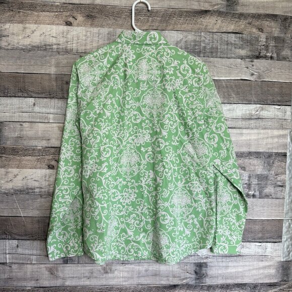 Foxcroft Non Iron Blouse Top Women 6 Green Paisley Button Up Shaped Fit Cotton - Picture 2 of 8